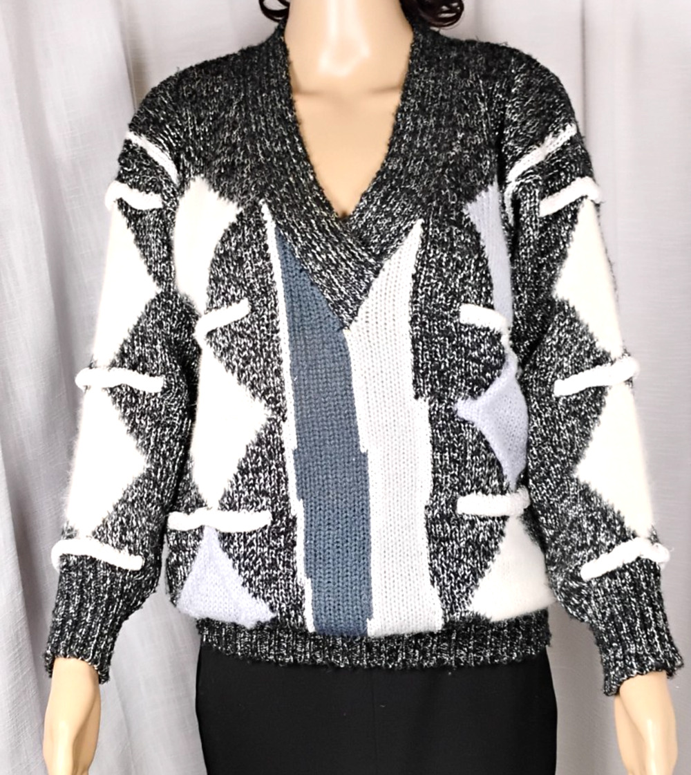 VTG 80s Angora Wool Argyle Sweater Edgy Boxy Blouson V Neck Womens Medium